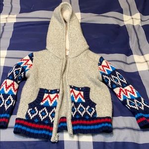 Patterned sweater jacket.